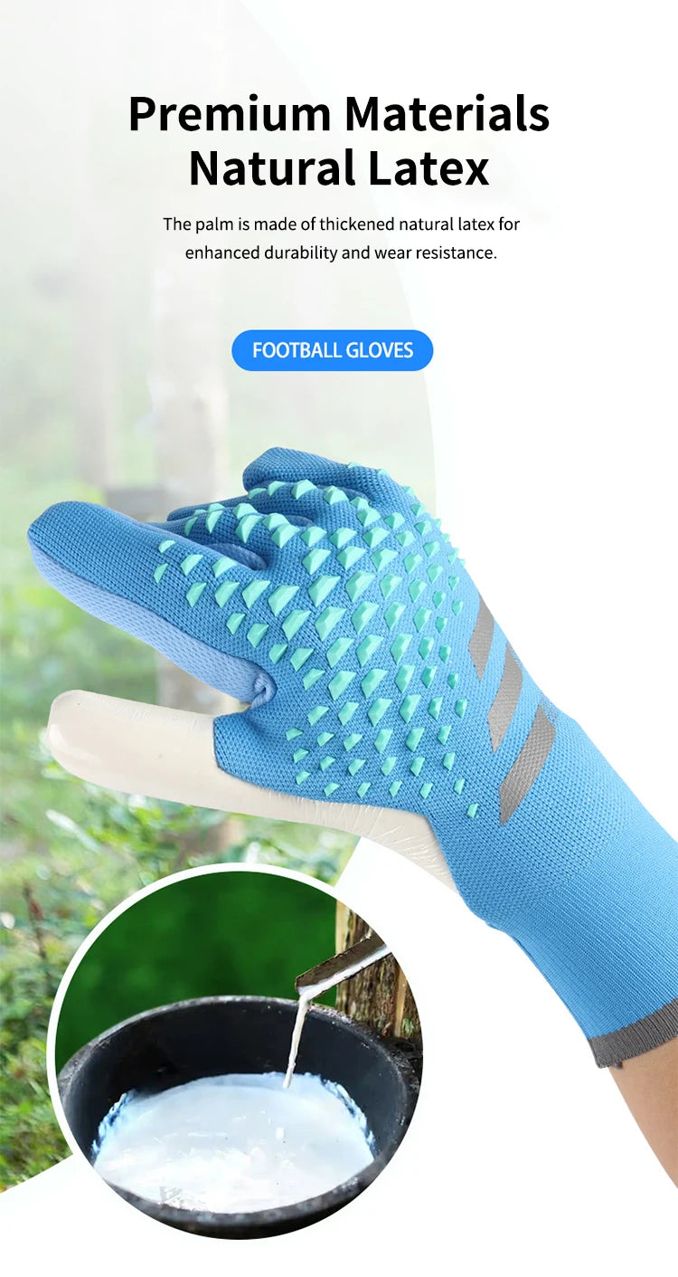 A close-up of a blue goalkeeper glove showing the palm material and construction.