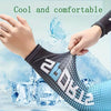 A hand is putting on a black UV protection arm cooling sleeve, with ice cubes and a butterfly in the background.