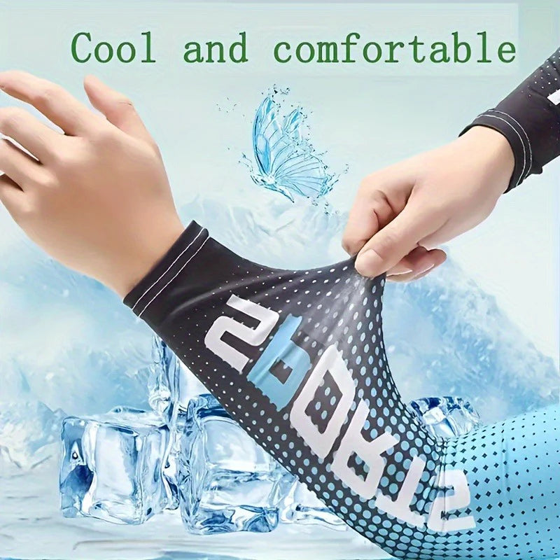 A hand is putting on a black UV protection arm cooling sleeve, with ice cubes and a butterfly in the background.