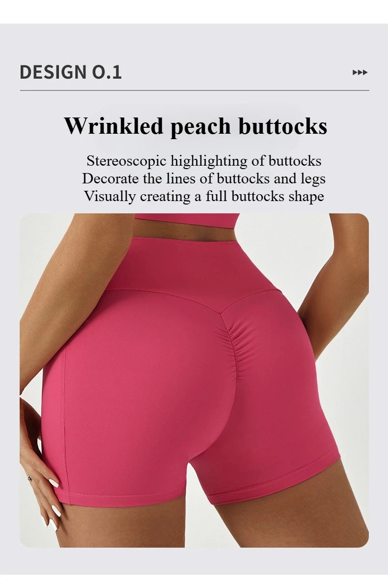 A model wears pink wrinkled peach buttocks high-waisted yoga leggings highlighting the lines of the buttocks and legs.