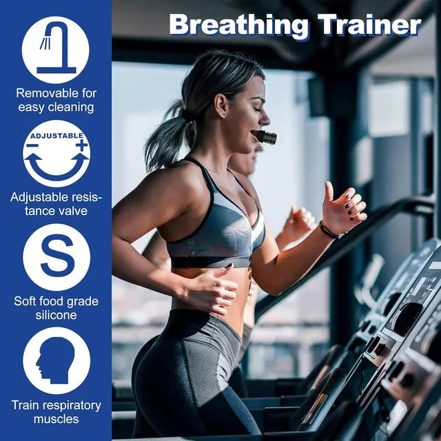 A woman uses a breathing trainer device while exercising on a treadmill.