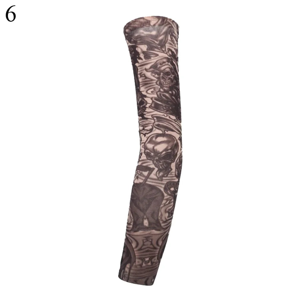 A dark brown arm sleeve featuring a detailed, monochromatic design.