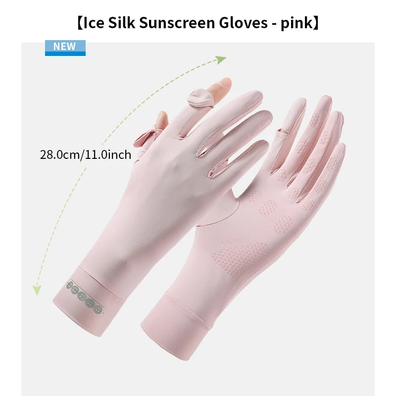 Pink Ice Silk sunscreen gloves shown on a hand, measuring 28.0cm/11.0inch.