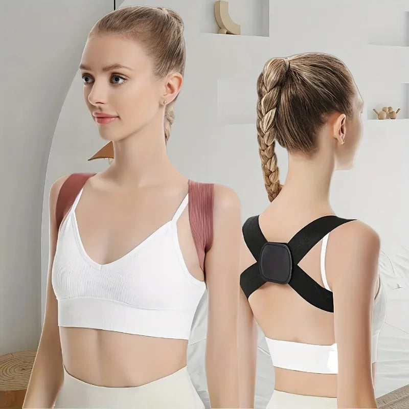 A woman models a white adjustable posture corrector belt for back and shoulder support.