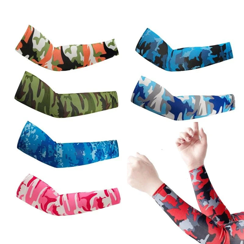 A collection of colorful, patterned cooling arm sleeves displayed against a white background.