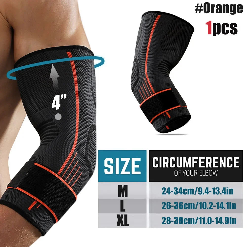 Black elbow compression sleeve in various sizes M, L, and XL shown on a person's arm.