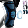 A black knee brace with blue mesh patterns is shown on a leg, alongside various colored braces and a clear insert.
