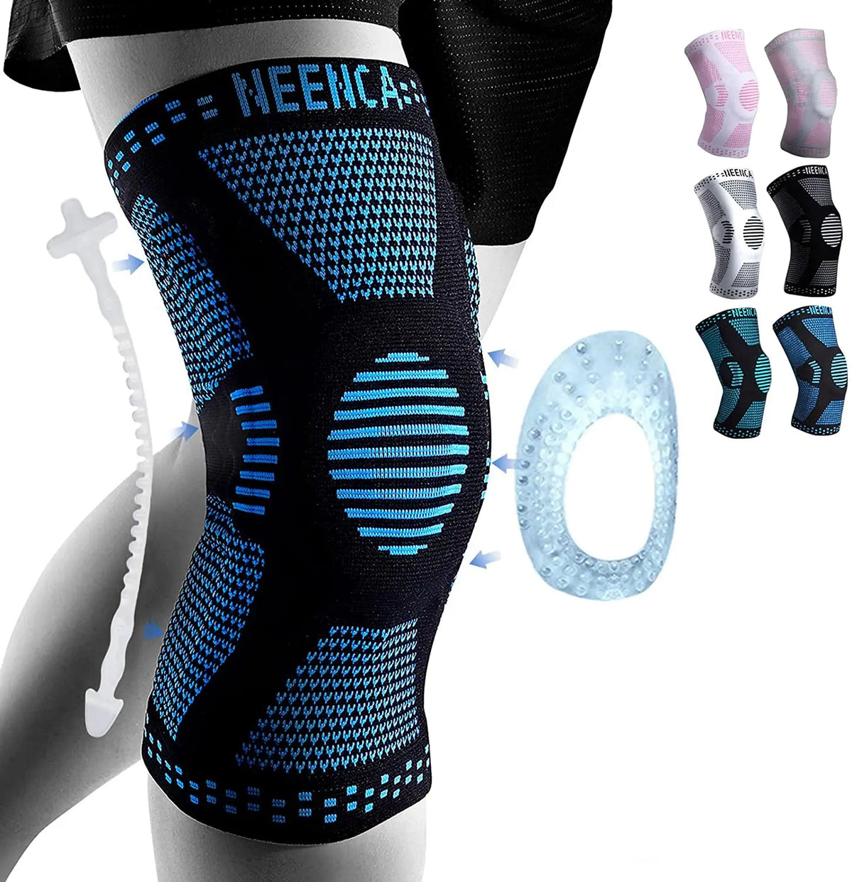 A black knee brace with blue mesh patterns is shown on a leg, alongside various colored braces and a clear insert.