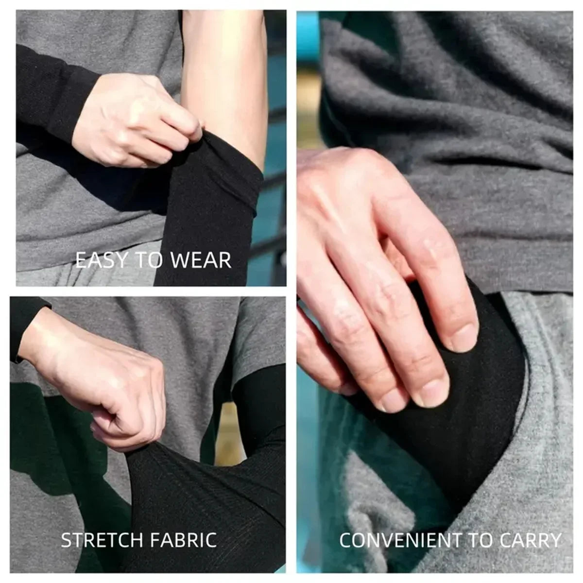 Close-up images showing easy to wear stretch fabric arm sleeves for UV protection and convenient to carry features