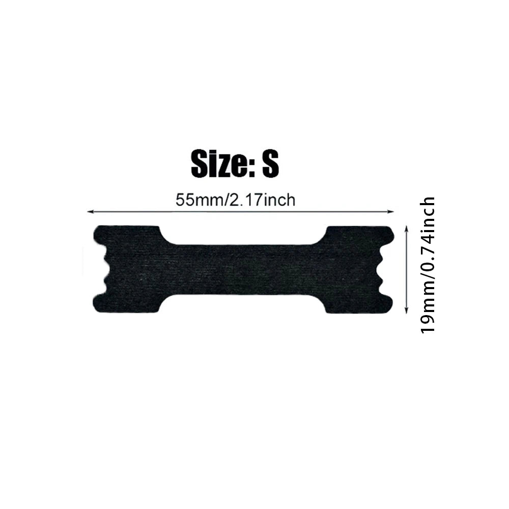 Black anti-snoring nasal strip, size S, measuring 55mm or 2.17 inches.