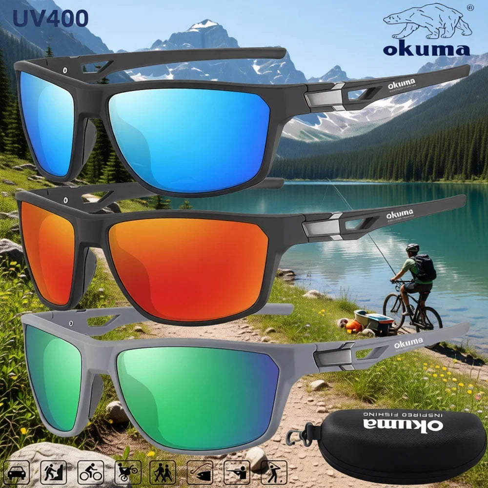Three models of Okuma polarized sports sunglasses in blue, orange, and green colors shown outdoors.