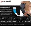 Black unisex elbow compression sleeve with a measurement guide and demonstration on an arm.