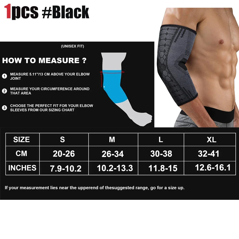 Black unisex elbow compression sleeve with a measurement guide and demonstration on an arm.