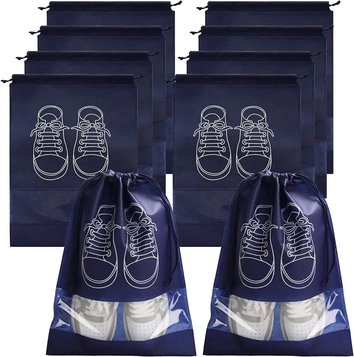 A set of dark blue reusable non-woven shoe storage bags with white outline drawings of shoes.