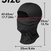 A black balaclava face mask shown with size measurements for head circumference and height.