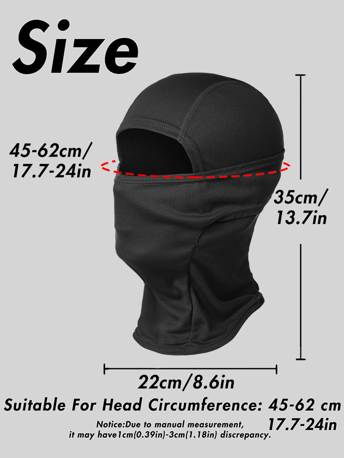 A black balaclava face mask shown with size measurements for head circumference and height.