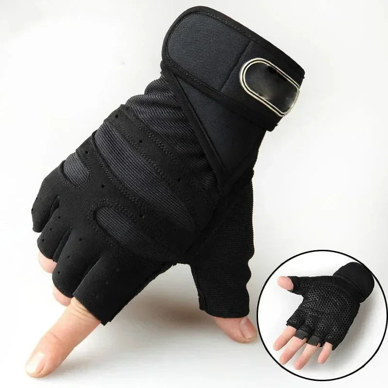 Black breathable fingerless sports gloves with wrist support shown on a hand and in a separate circular view.