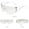 Clear plastic Y2K futuristic gradient sunglasses shown from the front and back views
