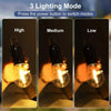 Three modes of a solar rechargeable camping lantern shown in high, medium, and low light settings.