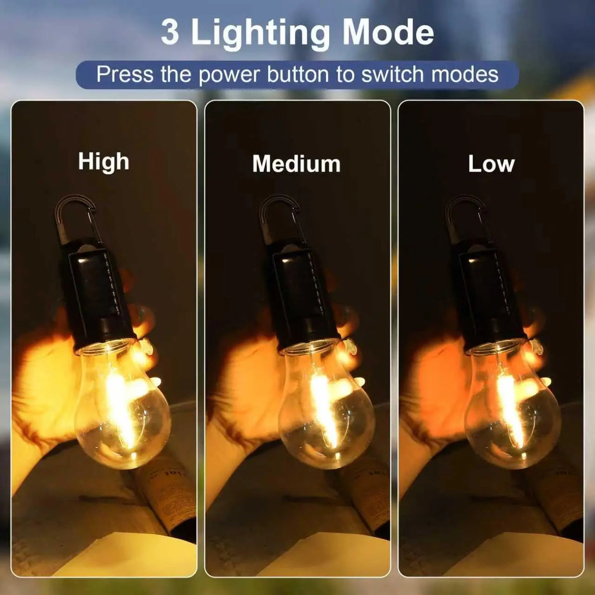 Three modes of a solar rechargeable camping lantern shown in high, medium, and low light settings.