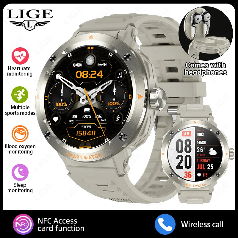 Silbrische digitale Smartwatch mit Armband und Kopfhörern, Herzfrequenz- und Schlaf-Tracking