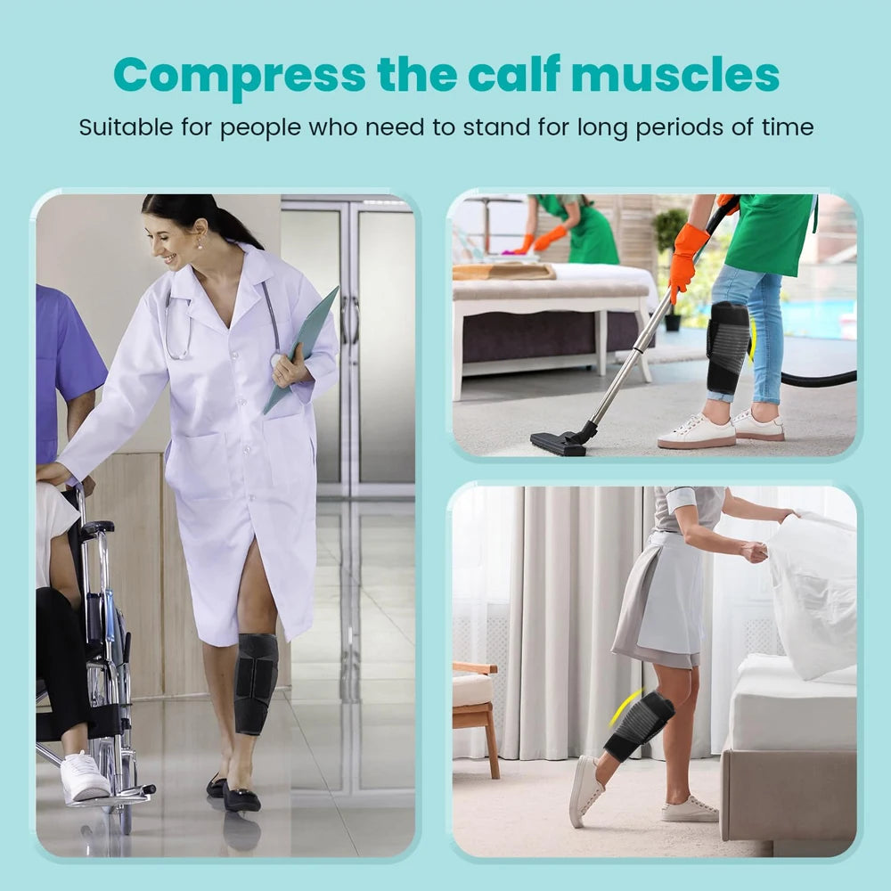 A woman is using an adjustable calf compression brace while standing, demonstrating its use for pain relief.