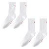 A set of white crew socks with red trim and ribbed texture displayed against a white background.