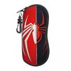 A black and red pouch featuring a white spider web design, designed for eyeglasses.