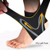 Black ankle support compression sleeve for pain relief worn on a foot.