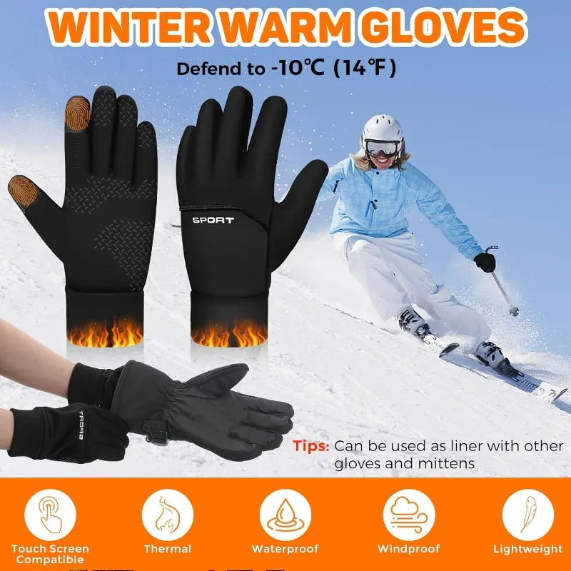 Black winter sports gloves being worn by a person in snowy conditions with various features highlighted.