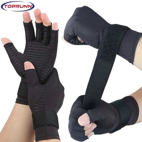 Black compression gloves for arthritis relief shown on a hand and wrist.
