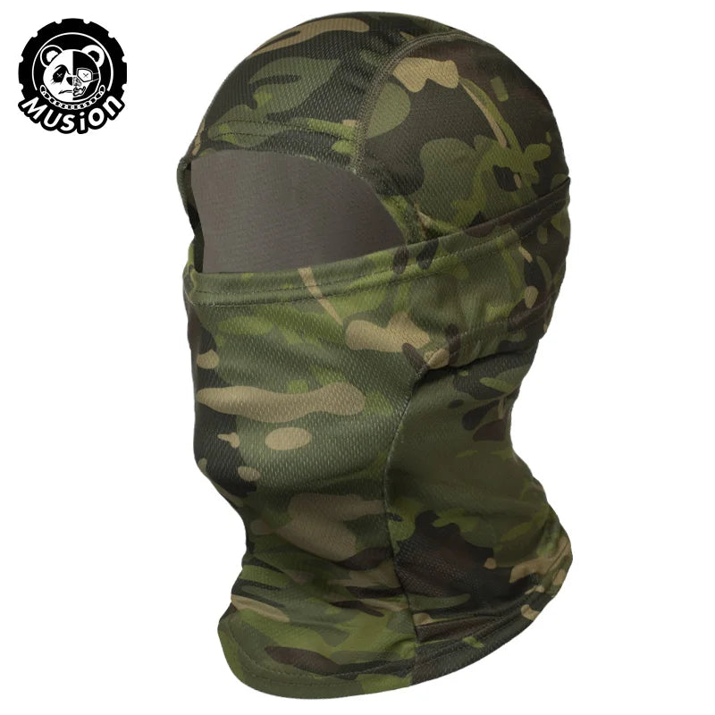 A camouflage green mesh balaclava face mask for sun and dust protection.