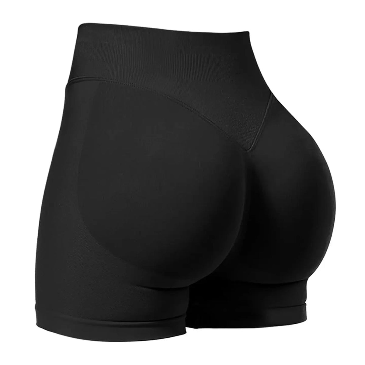 Black high-waisted knit fitness shorts shown from the rear view.