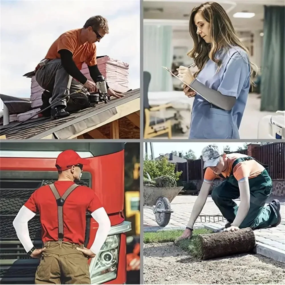 A collage showing people using UV protection compression arm sleeves for outdoor activity in various settings.