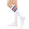 Calcetines hasta el muslo blancos con rayas rojas y azules