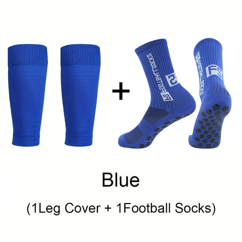 A set of blue football socks and knee covers for sports, including one leg cover and one pair of football socks.