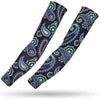 Two purple and teal patterned sports arm sleeves displayed diagonally against a white background.