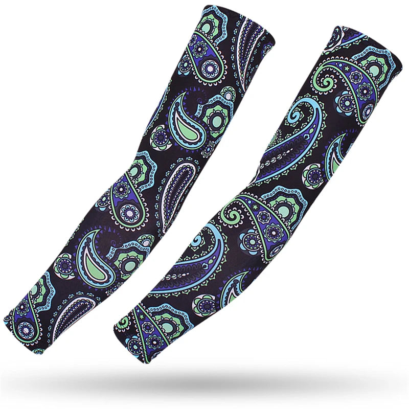 Two purple and teal patterned sports arm sleeves displayed diagonally against a white background.