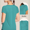 A teal women's quick dry moisture-wicking gym top shown from the back and close-ups of the shoulder and neckline.