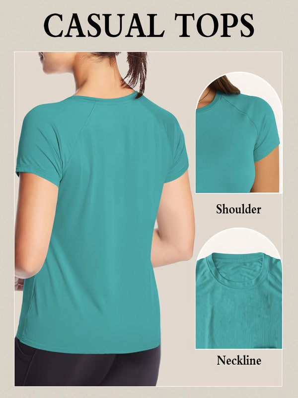 A teal women's quick dry moisture-wicking gym top shown from the back and close-ups of the shoulder and neckline.