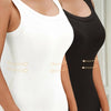 A model wearing a white racerback padded tank top and a black version, showing the fit of the tops.
