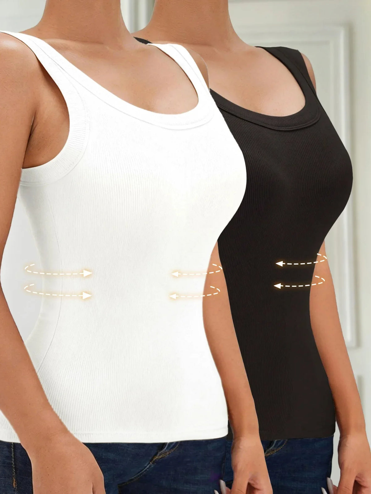 A model wearing a white racerback padded tank top and a black version, showing the fit of the tops.