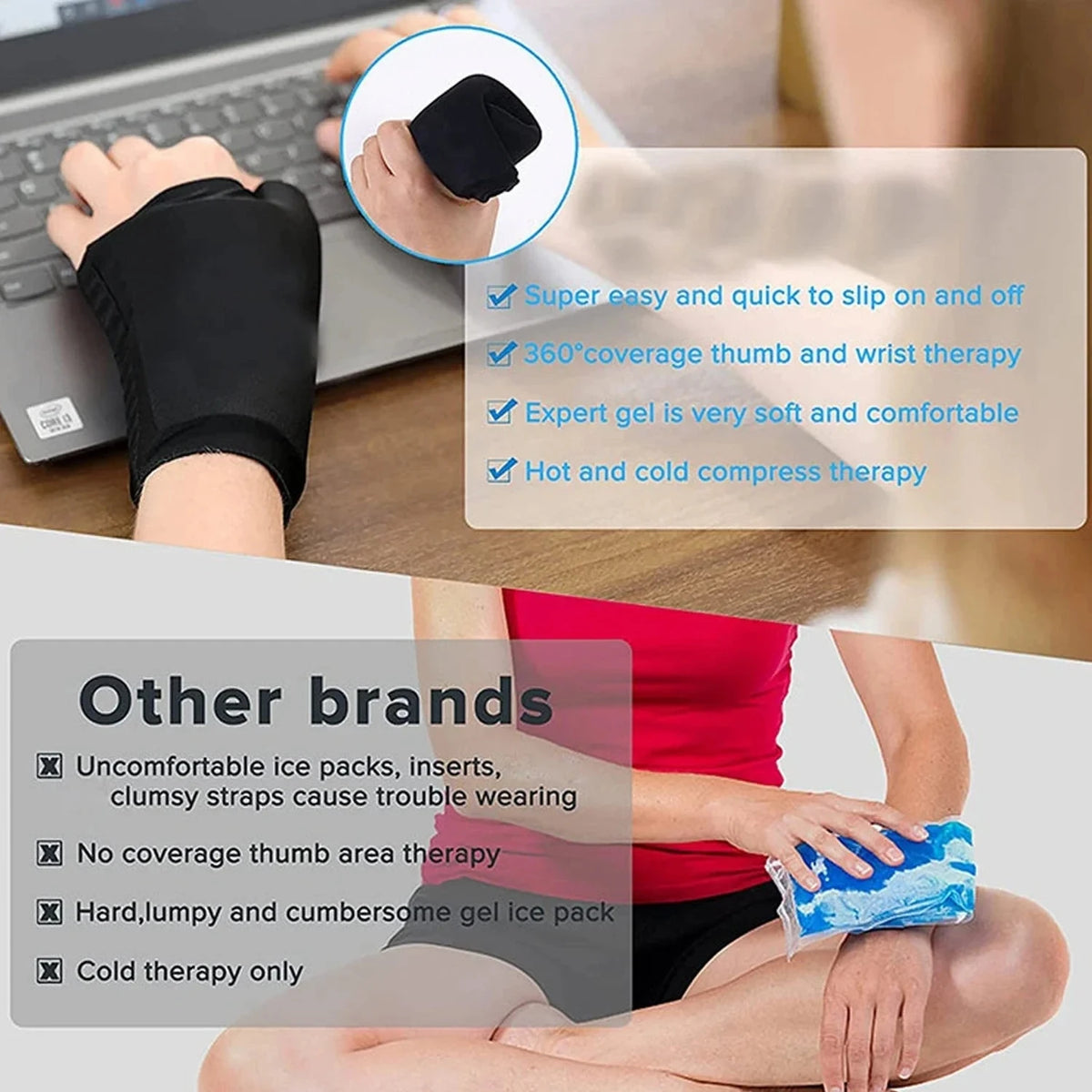 Envoltura de gel reutilizable para manos, utilizada para terapia de pulgar y muñeca