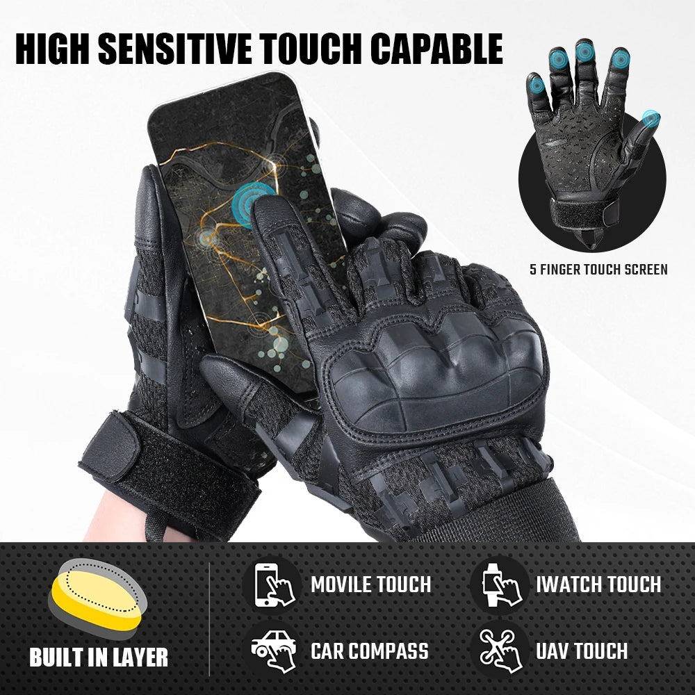 Tactical black PU leather touch screen gloves with a 5 finger touchscreen and built-in layers