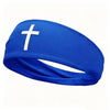 Blue athletic sweat headband with a white cross design