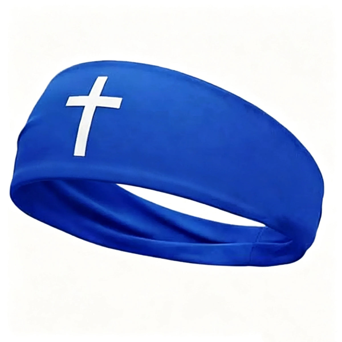 Blue athletic sweat headband with a white cross design