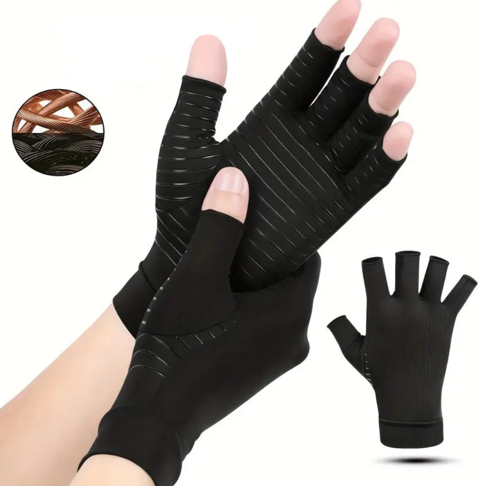 Black compression wrist support gloves worn on a hand and wrist.