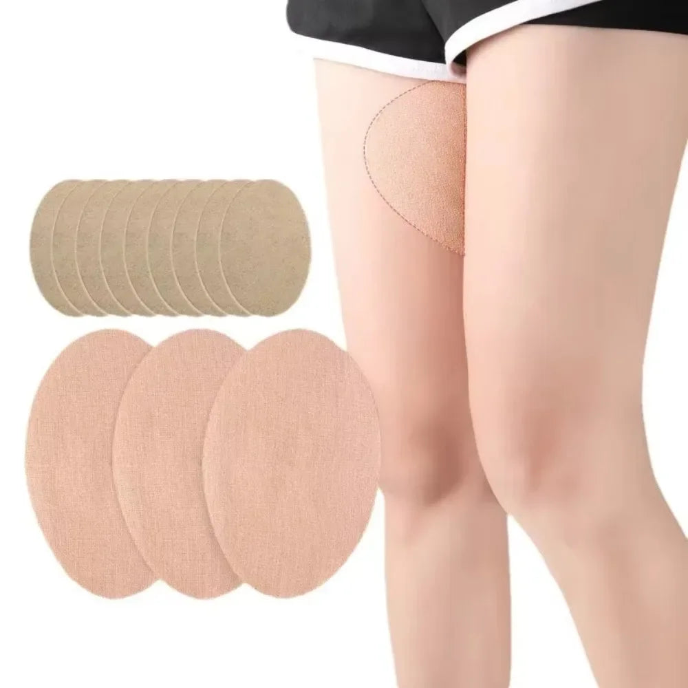 Invisible anti-wear thigh patches for friction relief showing various sizes of beige adhesive patches on a leg