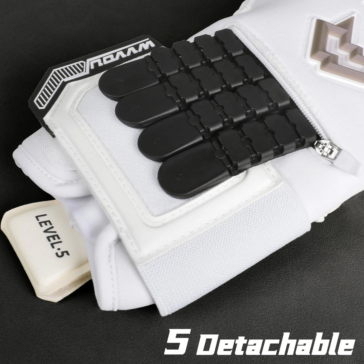A pair of white goalkeeper gloves with black finger protection and a level 5 detachment feature.