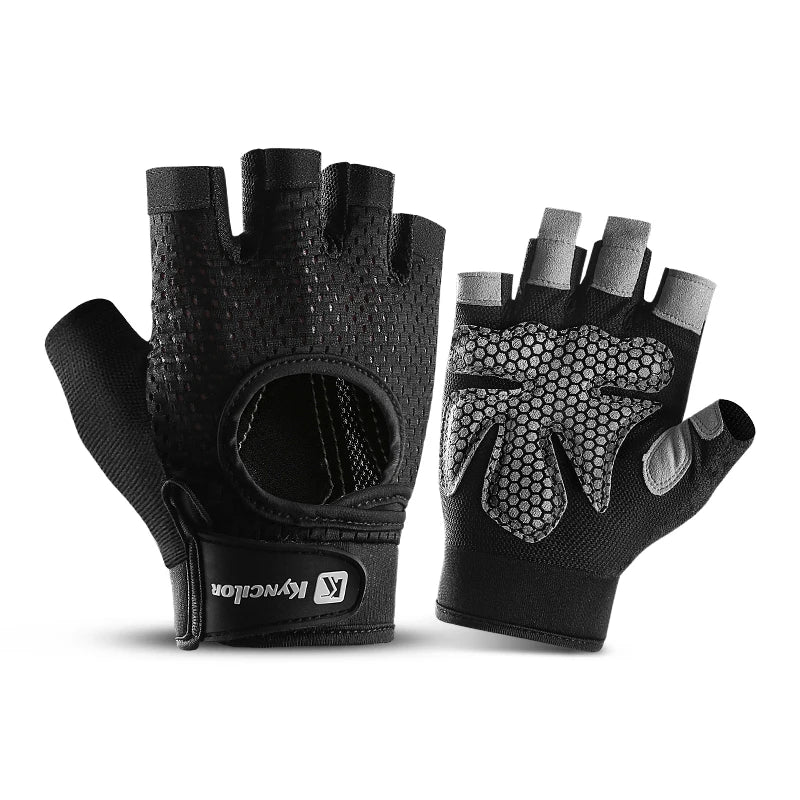 Ein Paar schwarze, atmungsaktive Silikon-Radfahrhandschuhe zum Gewichtheben vor weißem Hintergrund.